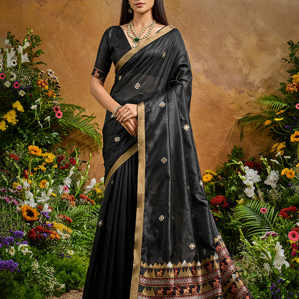 Monjolika Fashion Black Tussar Silk Blend woven Work Saree - Distacart