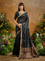 Thumbnail for Monjolika Fashion Black Tussar Silk Blend woven Work Saree - Distacart