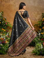 Thumbnail for Monjolika Fashion Black Tussar Silk Blend woven Work Saree - Distacart