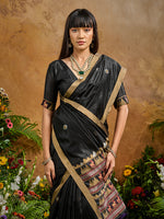 Thumbnail for Monjolika Fashion Black Tussar Silk Blend woven Work Saree - Distacart