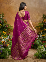 Thumbnail for Monjolika Fashion Dark Magenta Tussar Silk Blend woven Work Saree - Distacart