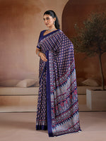 Thumbnail for Monjolika Fashion Navy Blue Printed Satin Saree - Distacart