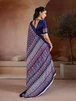 Thumbnail for Monjolika Fashion Navy Blue Printed Satin Saree - Distacart