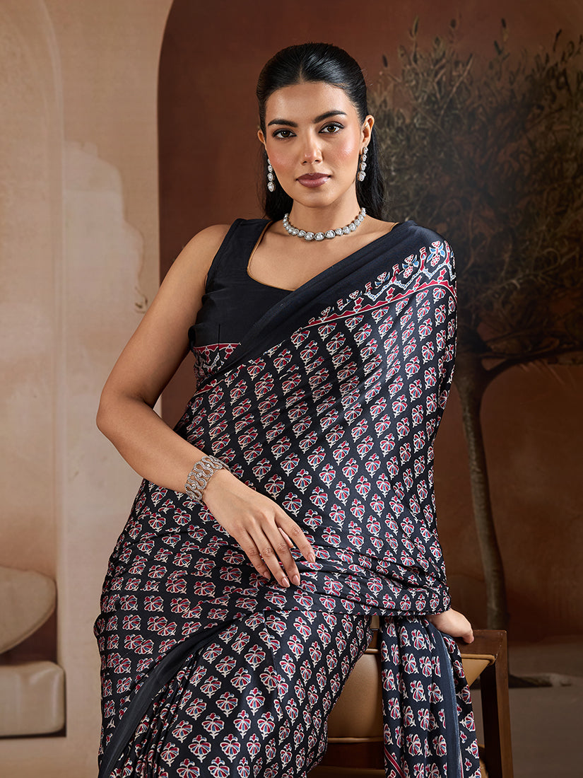 Monjolika Fashion Black Printed Satin Saree - Distacart