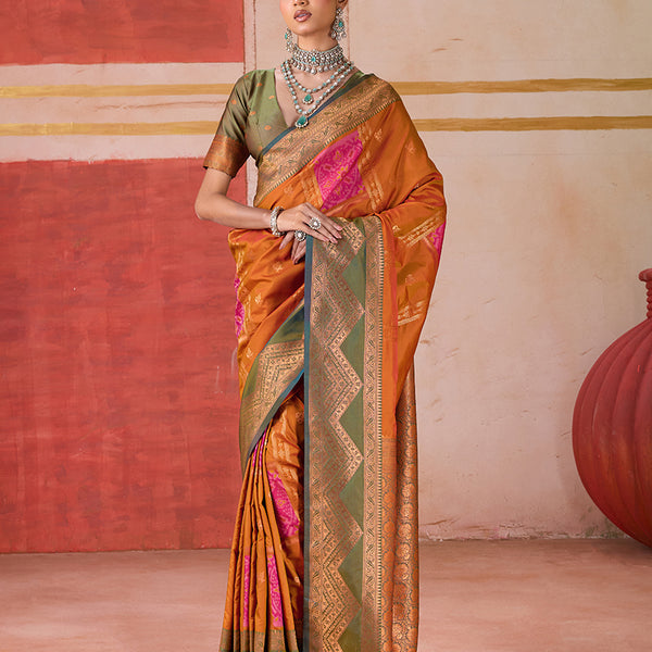 Monjolika Fashion Silk Blend woven Work Orange Saree - Distacart
