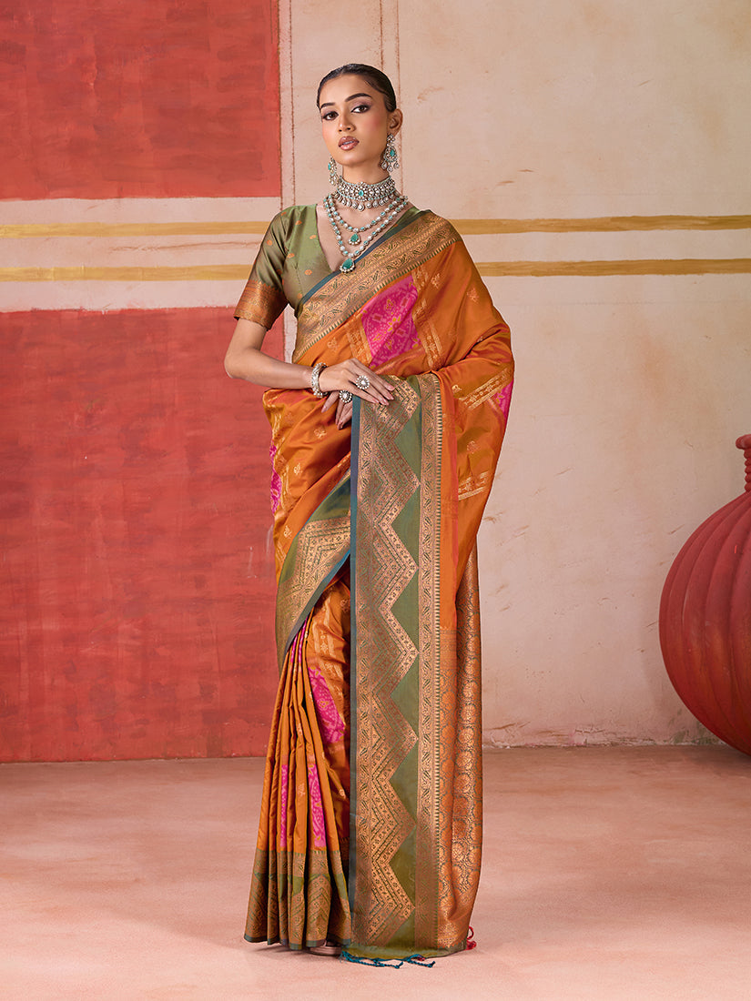 Monjolika Fashion Silk Blend woven Work Orange Saree - Distacart