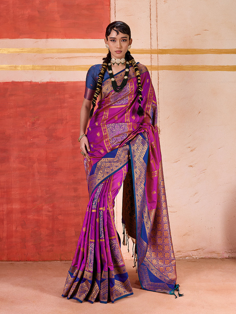 Monjolika Fashion Silk Blend woven Work Magenta Saree - Distacart