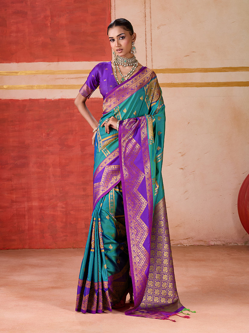 Monjolika Fashion Silk Blend woven Work Teal Saree - Distacart