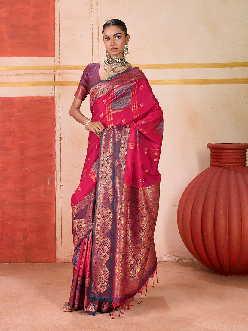 Monjolika Fashion Silk Blend woven Work Rani Pink Saree - Distacart