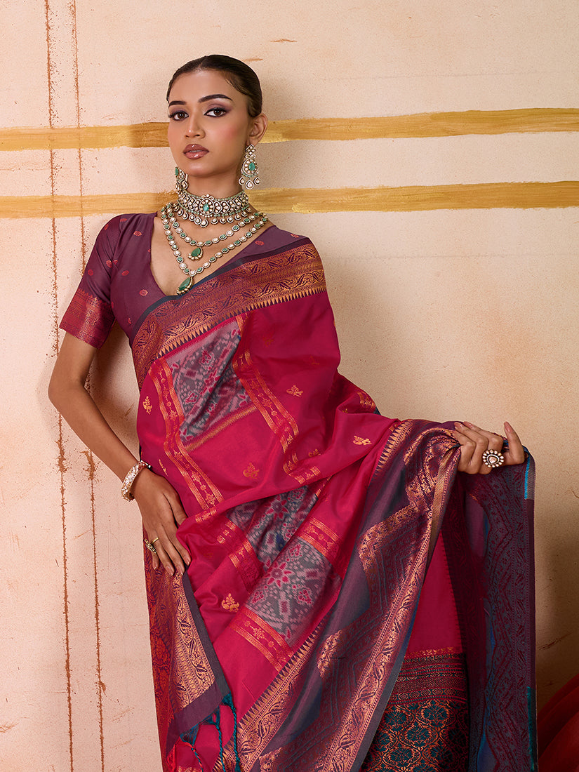 Monjolika Fashion Silk Blend woven Work Rani Pink Saree - Distacart