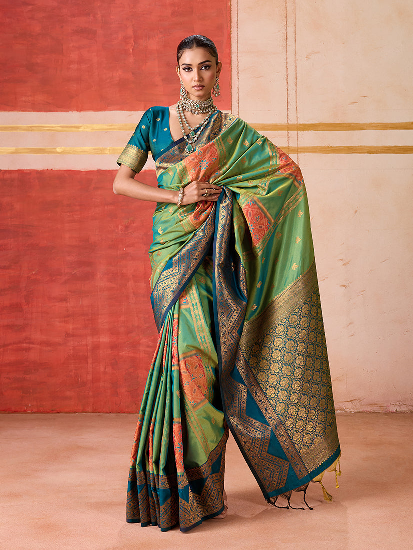 Monjolika Fashion Silk Blend woven Work Green Saree - Distacart