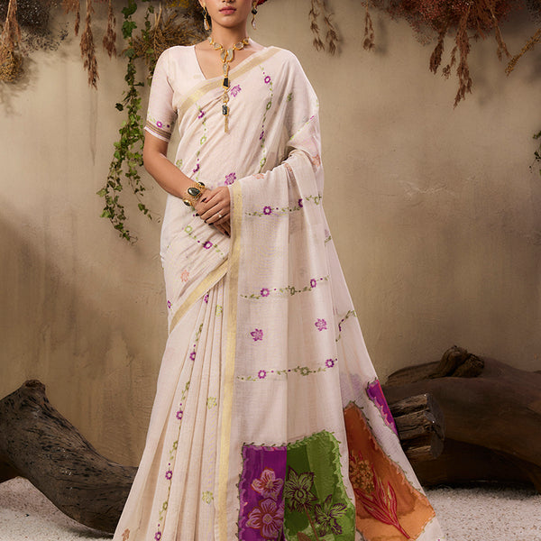 Monjolika Fashion Cotton Blend woven Cream Saree - Distacart