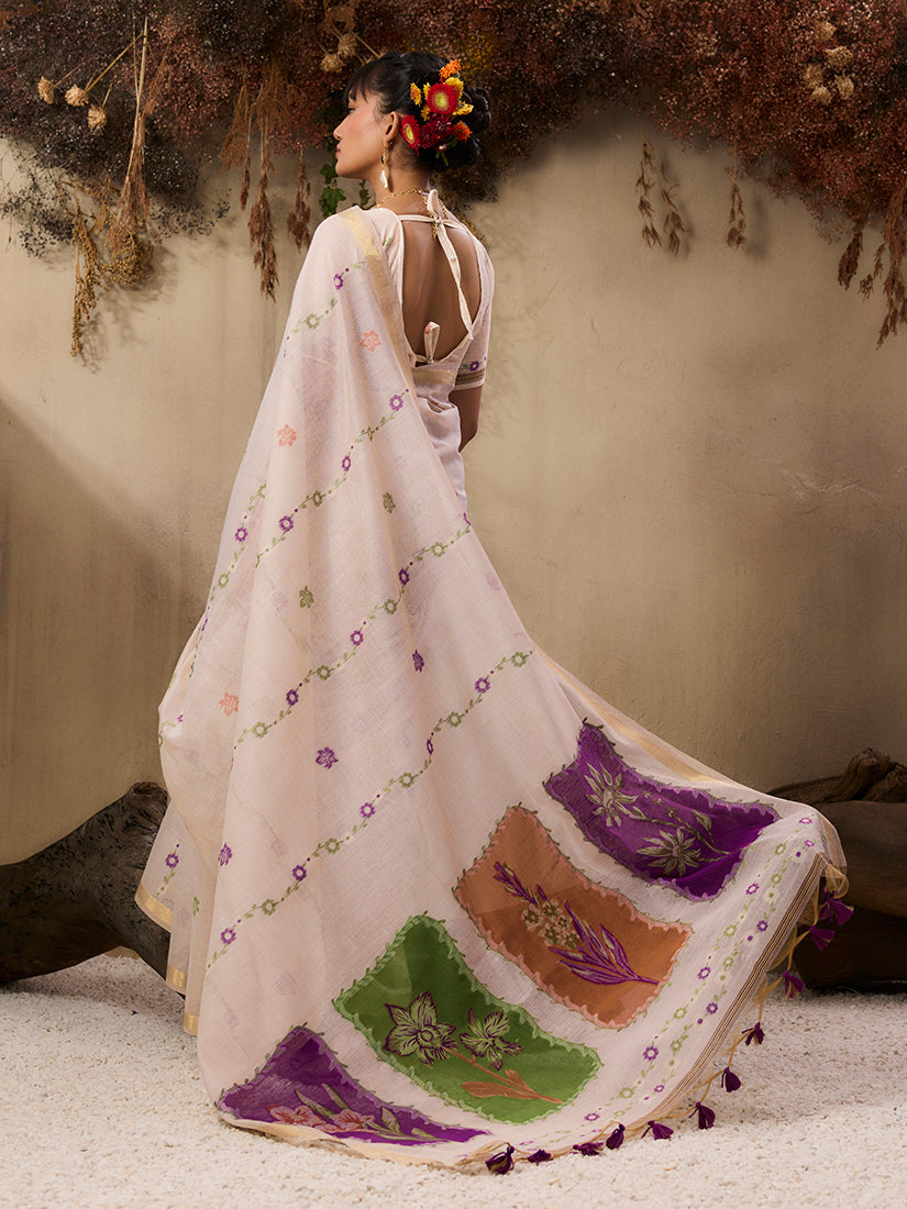 Monjolika Fashion Cotton Blend woven Cream Saree - Distacart
