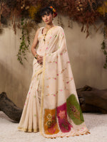 Thumbnail for Monjolika Fashion Cotton Blend woven Cream Saree - Distacart