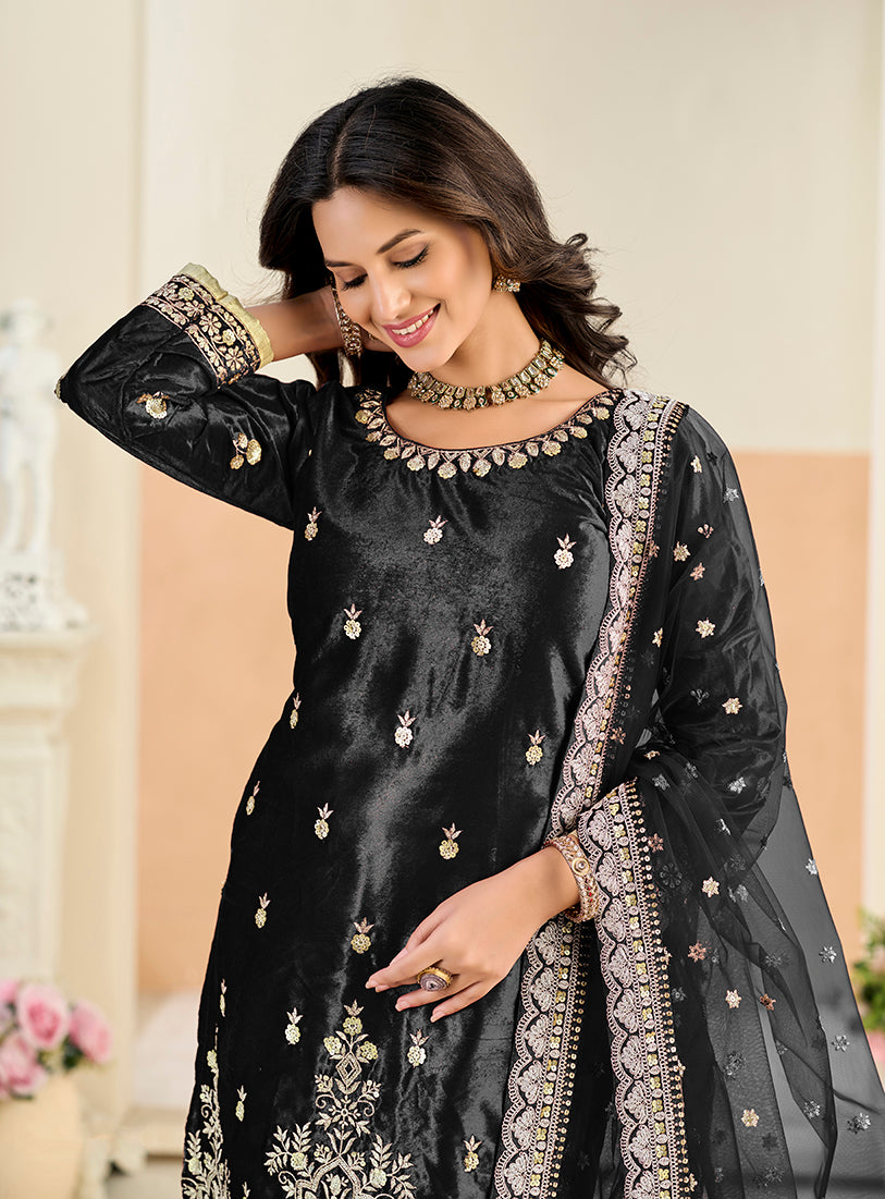 Monjolika Fashion Black Velvet Embroidered Salwar Kameez - Distacart