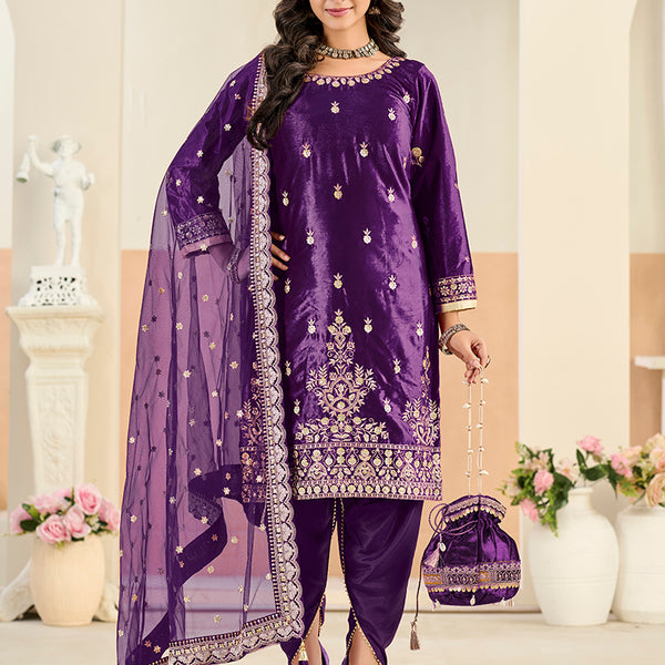 Monjolika Fashion Purple Velvet Embroidered Salwar Kameez - Distacart