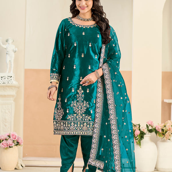 Monjolika Fashion Teal Velvet Embroidered Salwar Kameez - Distacart