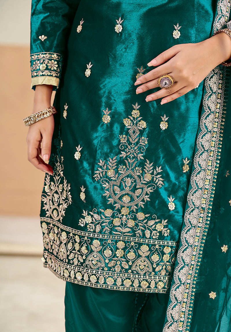 Monjolika Fashion Teal Velvet Embroidered Salwar Kameez - Distacart