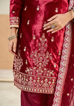 Thumbnail for Monjolika Fashion Maroon Velvet Embroidered Salwar Kameez - Distacart