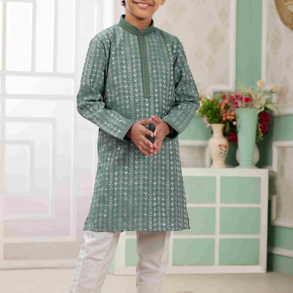 Raivat Ethnic Art Silk Embroidery Work Kids Kurta Pajama In Green Colour - Distacart