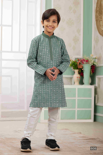 Raivat Ethnic Art Silk Embroidery Work Kids Kurta Pajama In Green Colour - Distacart
