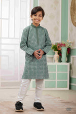 Thumbnail for Raivat Ethnic Art Silk Embroidery Work Kids Kurta Pajama In Green Colour - Distacart