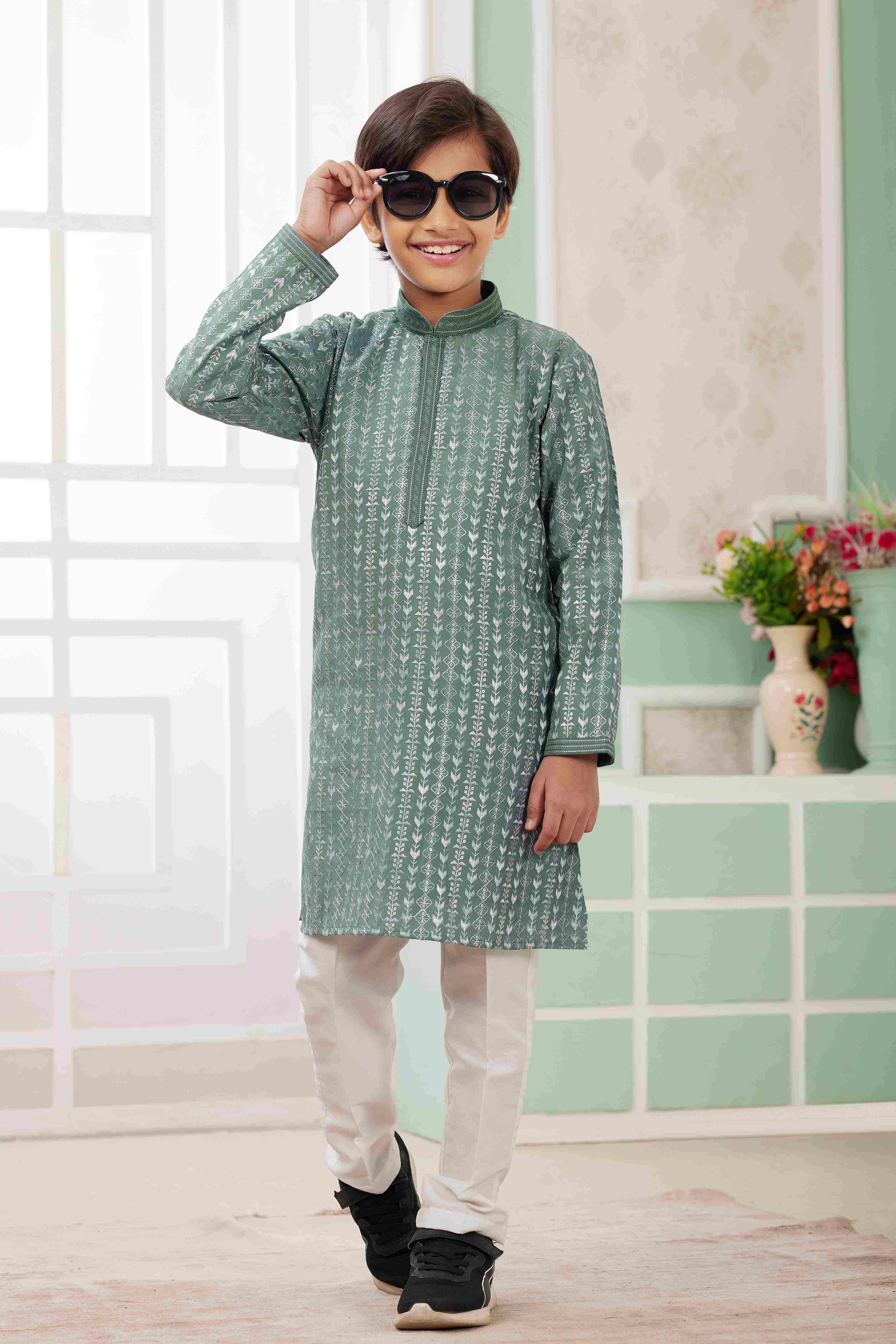 Raivat Ethnic Art Silk Embroidery Work Kids Kurta Pajama In Green Colour - Distacart