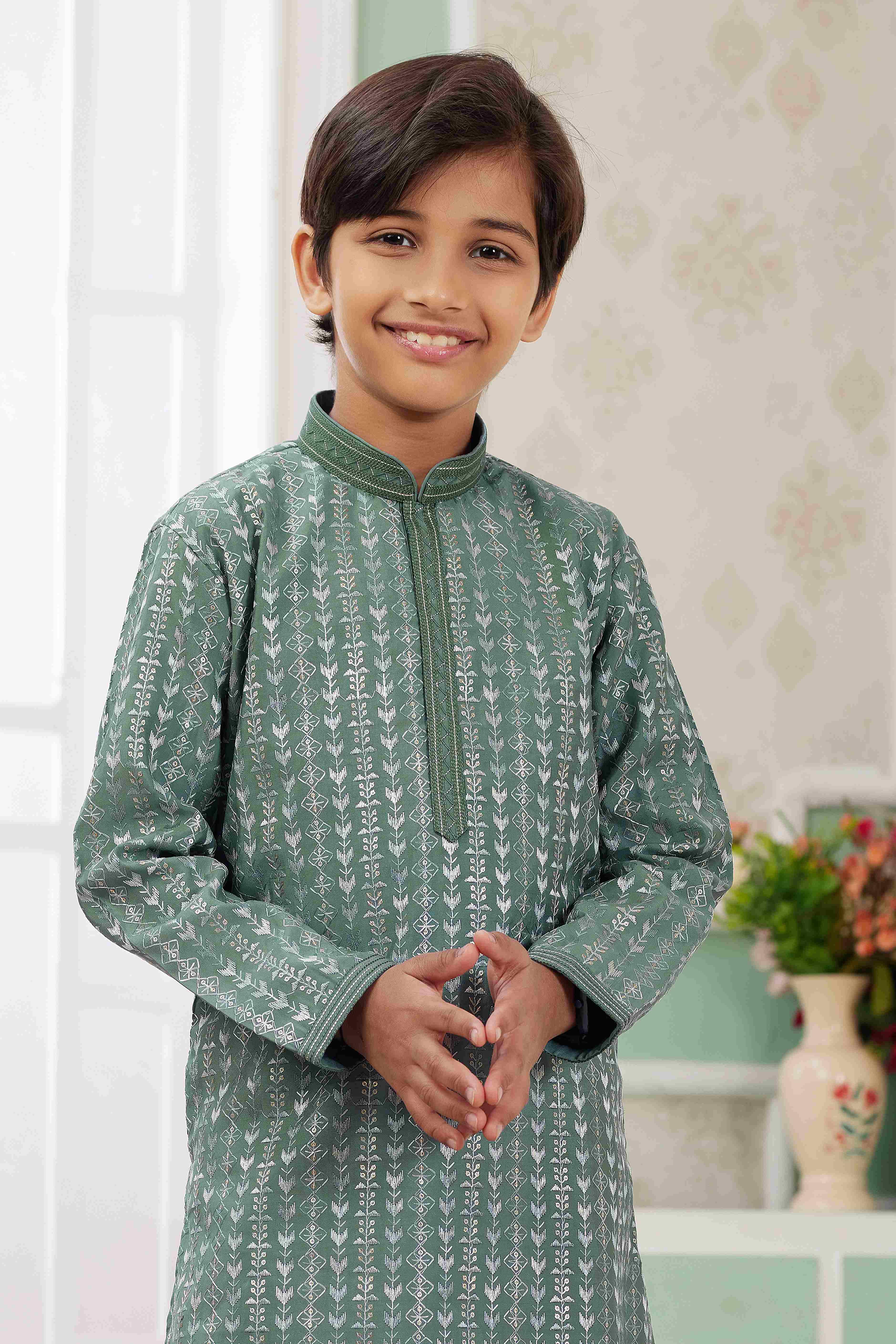 Raivat Ethnic Art Silk Embroidery Work Kids Kurta Pajama In Green Colour - Distacart