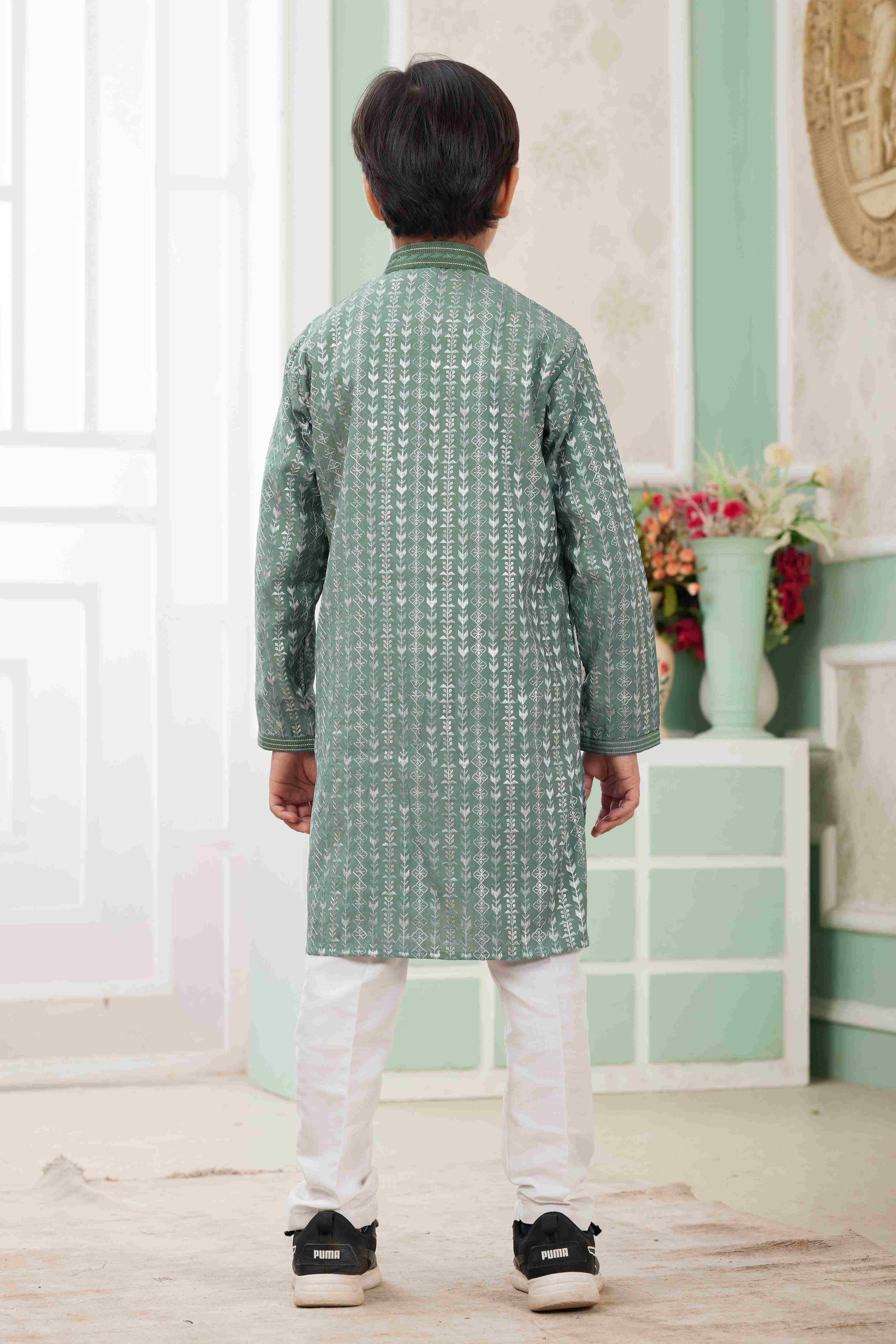 Raivat Ethnic Art Silk Embroidery Work Kids Kurta Pajama In Green Colour - Distacart