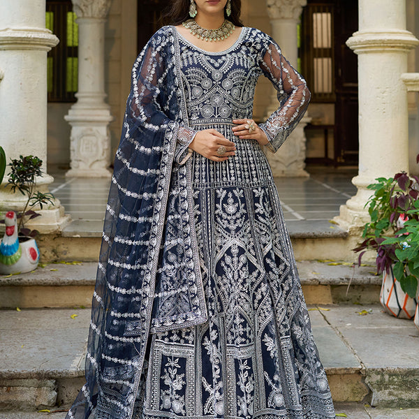 Buy Monjolika Fashion Navy Blue Embroidered Net Gown with Dupatta Online at  Low Prices
