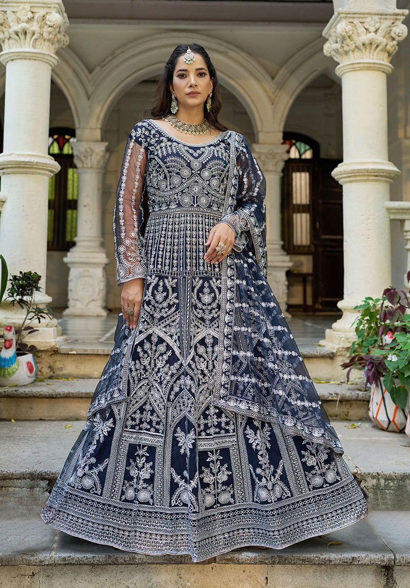 navy blue dress with dupatta Monjolika Fashion Navy Blue Embroidered Net Gown with Dupatta