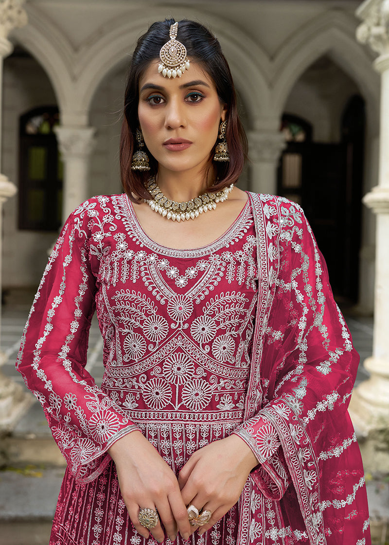 Monjolika Fashion Rani Pink Embroidered Net Gown with Dupatta - Distacart