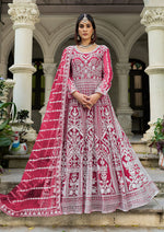 Thumbnail for Monjolika Fashion Rani Pink Embroidered Net Gown with Dupatta - Distacart