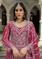 Thumbnail for Monjolika Fashion Rani Pink Embroidered Net Gown with Dupatta - Distacart