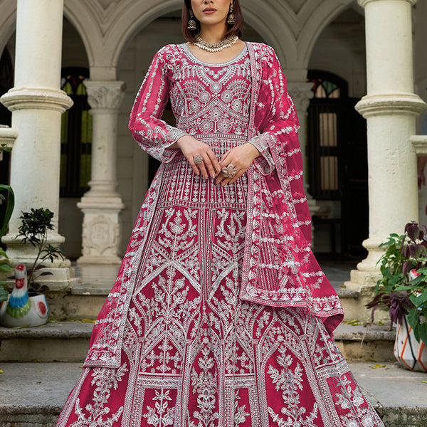 Monjolika Fashion Rani Pink Embroidered Net Gown with Dupatta - Distacart