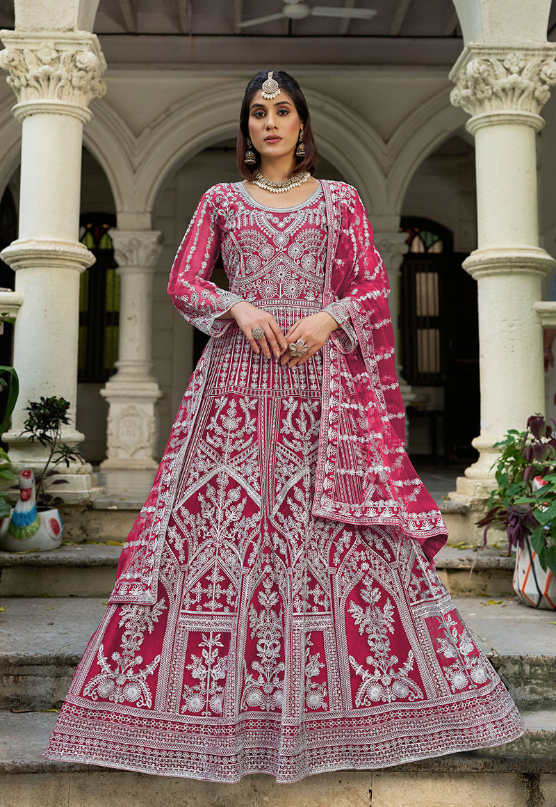 Monjolika Fashion Rani Pink Embroidered Net Gown with Dupatta - Distacart