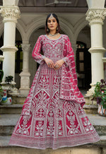 Thumbnail for Monjolika Fashion Rani Pink Embroidered Net Gown with Dupatta - Distacart