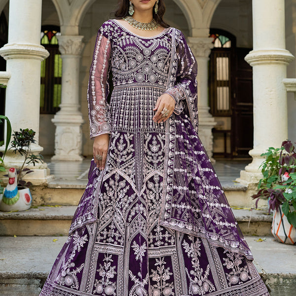 Monjolika Fashion Purple Embroidered Net Gown with Dupatta - Distacart
