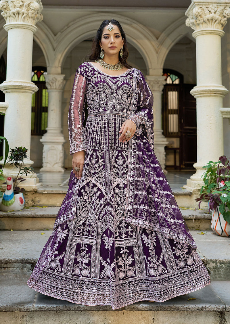Monjolika Fashion Purple Embroidered Net Gown with Dupatta - Distacart