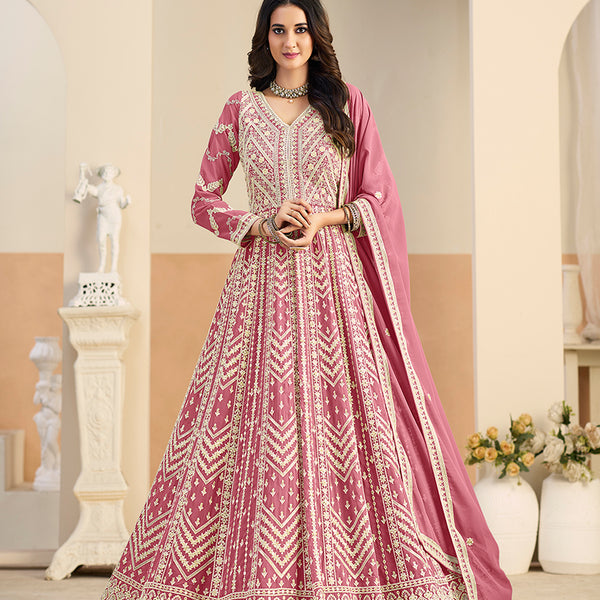 Monjolika Fashion Faux Georgette Embroidered Pink Anarkali Salwar Kameez - Distacart