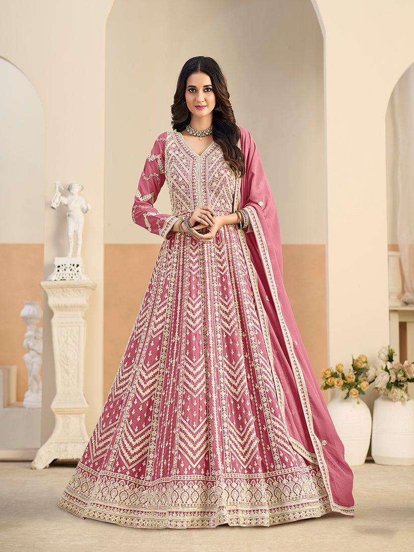 Monjolika Fashion Faux Georgette Embroidered Pink Anarkali Salwar Kameez - Distacart