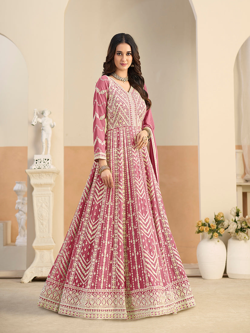 Monjolika Fashion Faux Georgette Embroidered Pink Anarkali Salwar Kameez - Distacart