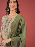 Thumbnail for Anouk Ethnic Motifs Printed Round Neck Aari Work Kurta with Trousers & Dupatta