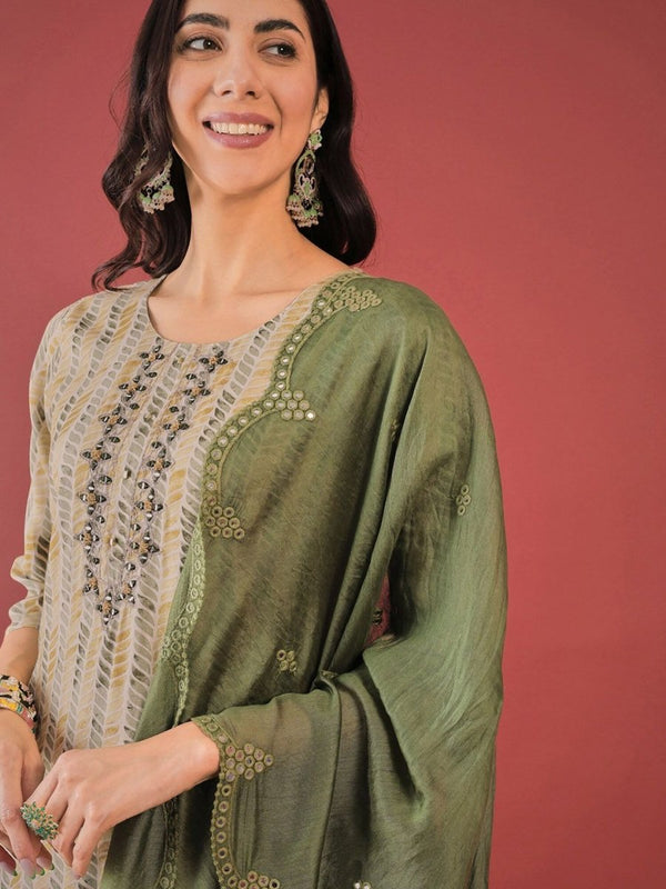 Anouk Ethnic Motifs Printed Round Neck Aari Work Kurta with Trousers & Dupatta