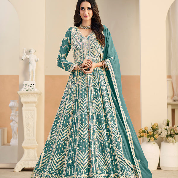 Monjolika Fashion Faux Georgette Embroidered Turquoise Anarkali Salwar Kameez - Distacart