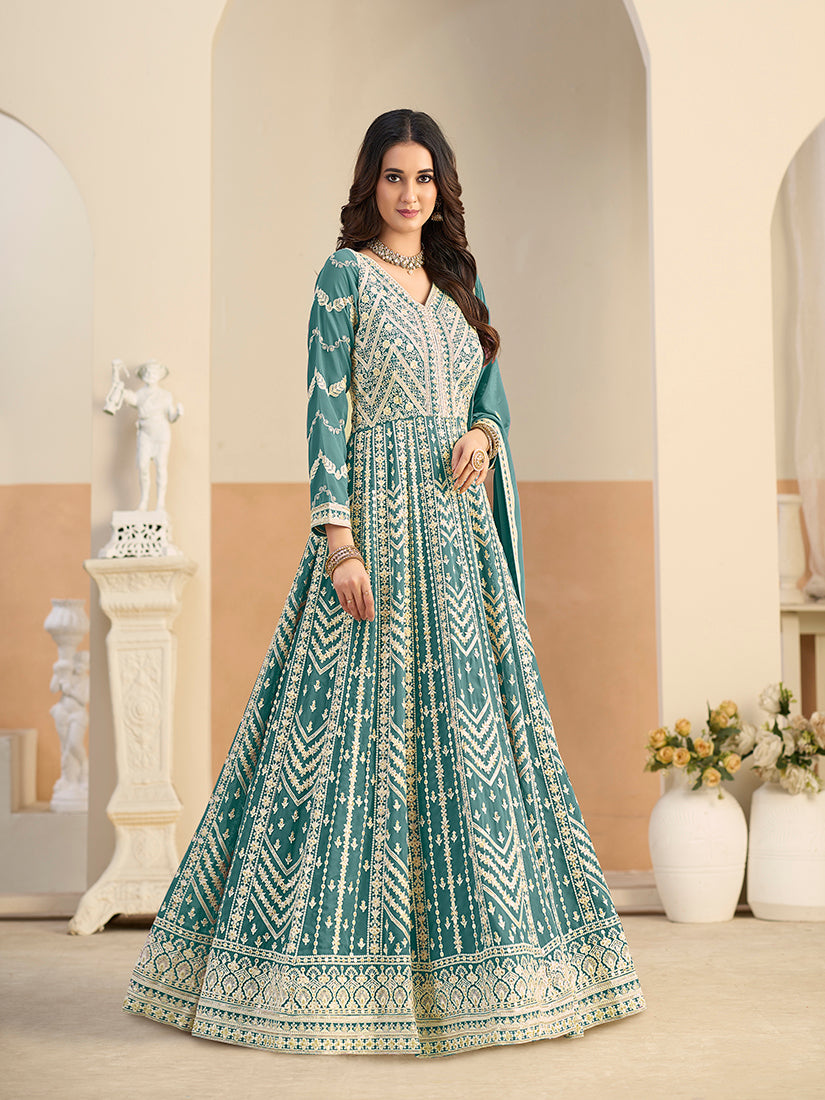 Monjolika Fashion Faux Georgette Embroidered Turquoise Anarkali Salwar Kameez - Distacart