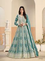 Thumbnail for Monjolika Fashion Faux Georgette Embroidered Turquoise Anarkali Salwar Kameez - Distacart