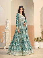 Thumbnail for Monjolika Fashion Faux Georgette Embroidered Turquoise Anarkali Salwar Kameez - Distacart