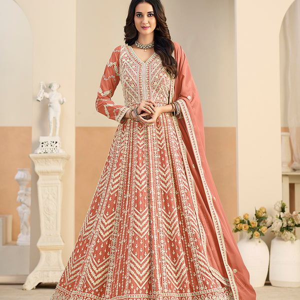 Monjolika Fashion Faux Georgette Embroidered Peach Anarkali Salwar Kameez - Distacart