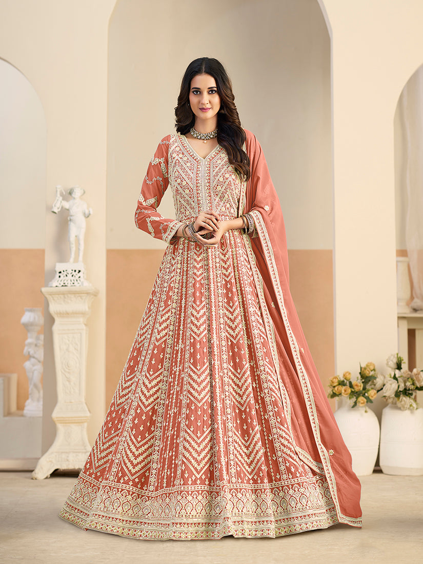 Monjolika Fashion Faux Georgette Embroidered Peach Anarkali Salwar Kameez - Distacart
